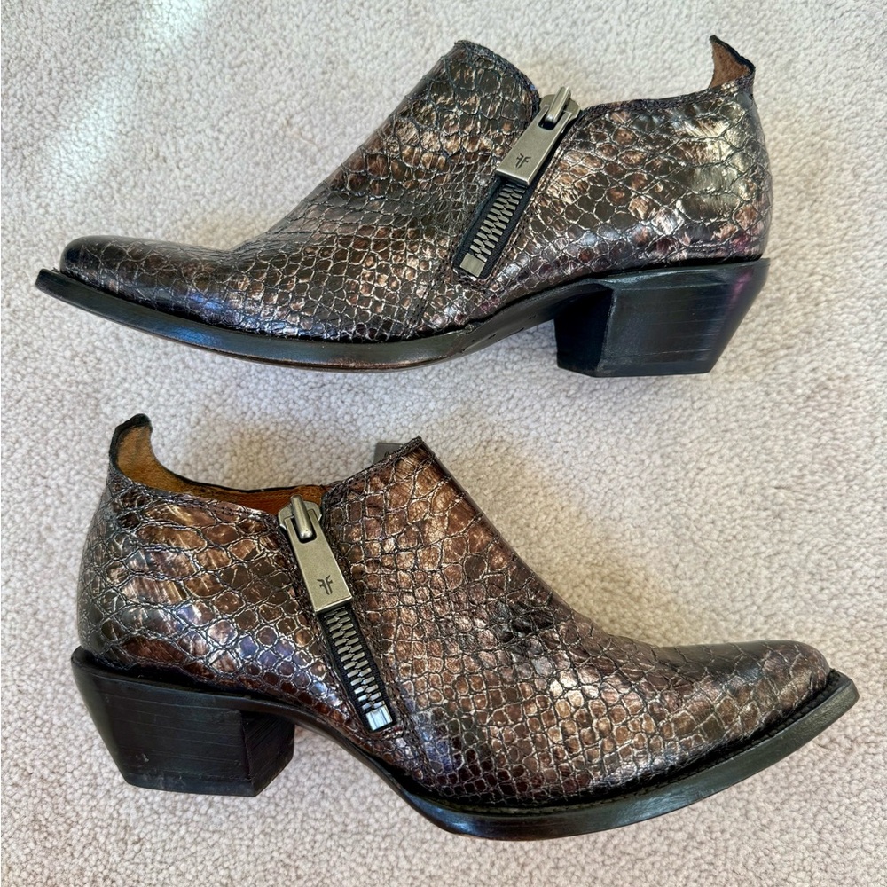 Frye Zipper Ankle Moto Boots in Croc Snakeskin Leather